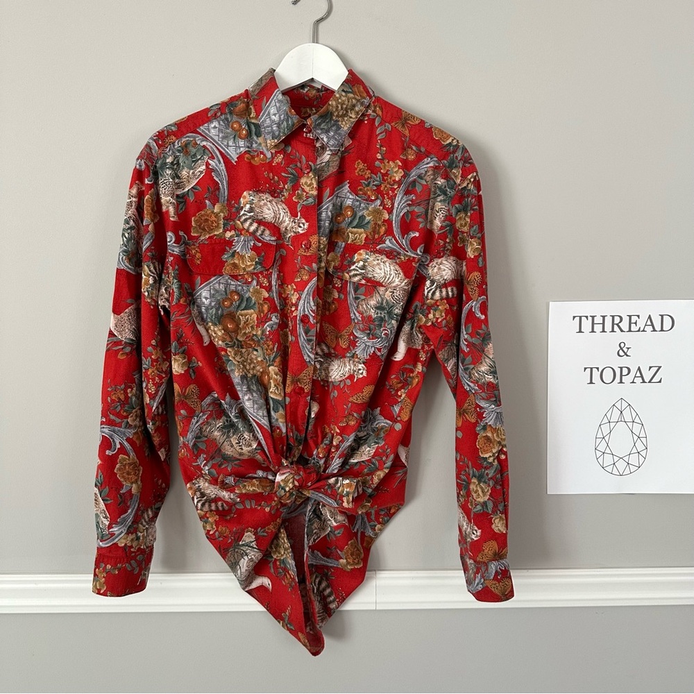 Vintage Baroque Raccoon Butterfly Partridge Blouse Hunt Club Medium - Picture 4 of 11